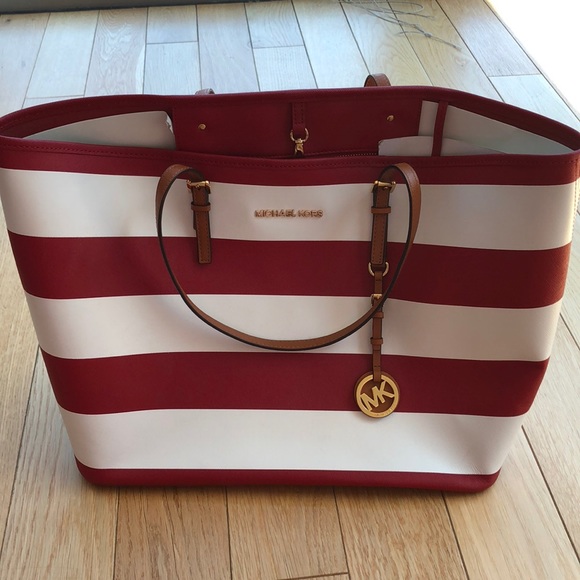 red and white striped tote